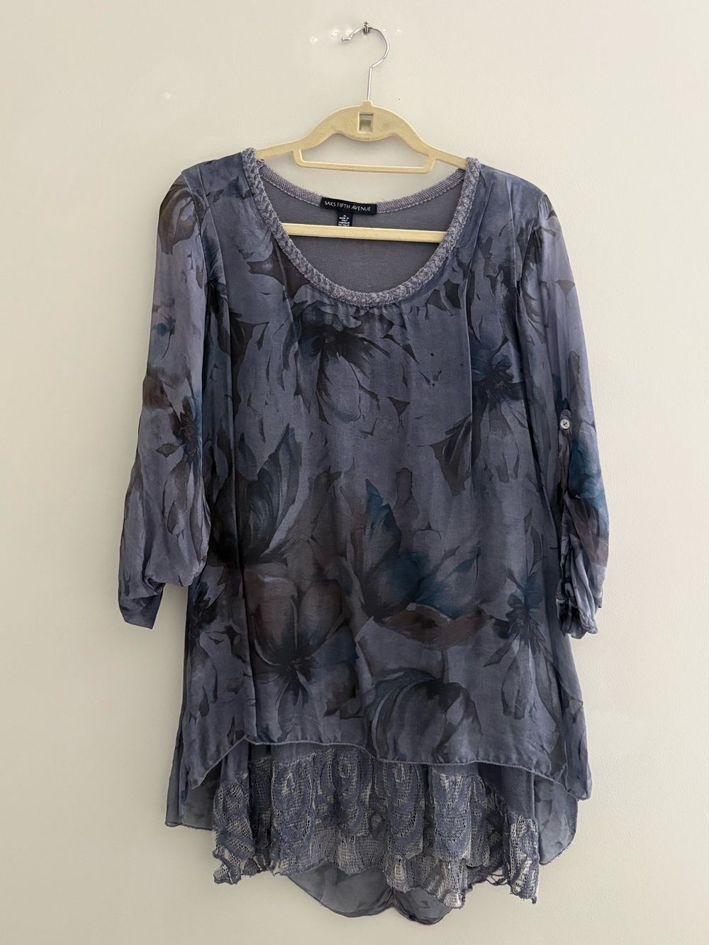 Saks Fifth Avenue Silk Floral Romantic Lace Hem Longline Blouse Top Size XL